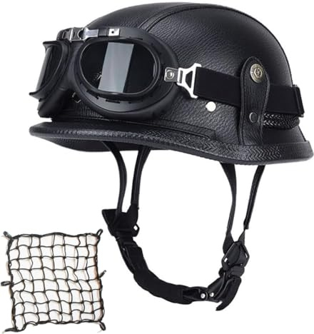 Labzaa Deutschen Motorradhelm Halbschalenhelm mit ECE, Retro Lederhelm Jethelme Vintage Mopedhelm mit Brille Sonnenblende, Offenem Helm für Herren und Damen A M