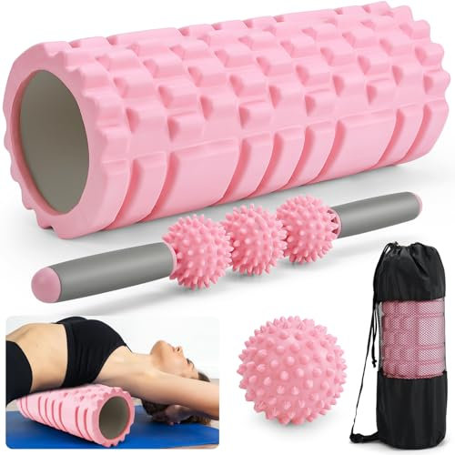 Lot de 4 rouleaux en mousse pour massage du dos et des jambes avec balle de massage et rouleau de massage musculaire et sac de transport (rose)