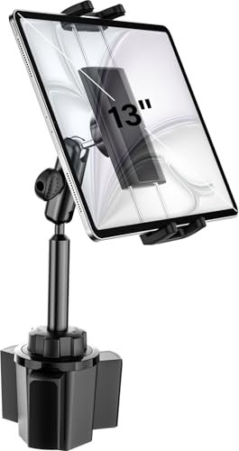 Dosvsi Car Tablet Mount Cup Holder, [Metal Adjustable Arm] Cup Holder Tablet Mount for Truck, Vehicle Cup Stand Compatible with iPad Pro 13(M4) 12.9 Mini Air, ELD, Galaxy Tab, iPhone, 4-13 Devices