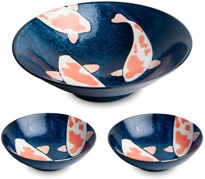 Koi-Bowls- ASIATICA | Ramen Bowl Porzellan-Schalen, versch. Größen | Hochwertige asiatische Schüssel für Reis, Nudeln, Tapas, Udon, Müsli, Suppen - Made in Japan (3er Mix-Set Schale Ø25cm / Ø14,5cm)