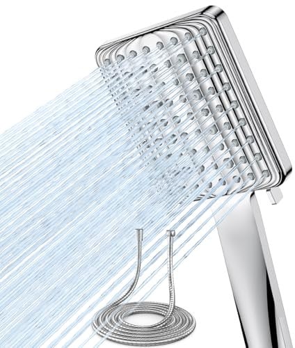 VOXON Square Shower Head and Hose Set, High Pressure Shower Heads with 6 Spray Modes, Universal Shower Head with 1.8m Stainless Hose, Handheld Large Rain Shower Heads for Low Water Pressure, Silver