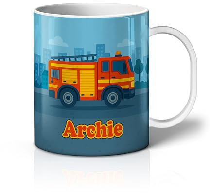 iCaseDesigner Personalised Children's Mug - Unbreakable Lightweight Polymer - Add Your Own Name - Vehicle Theme - Fire Engine