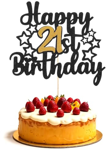 1Pcs 21st Birthday Cake Topper, Black Gold Glitter Cake Topper Cheers to 21 Years Birthday, Cakes Decoration for Theme Happy 21st Party Supplies