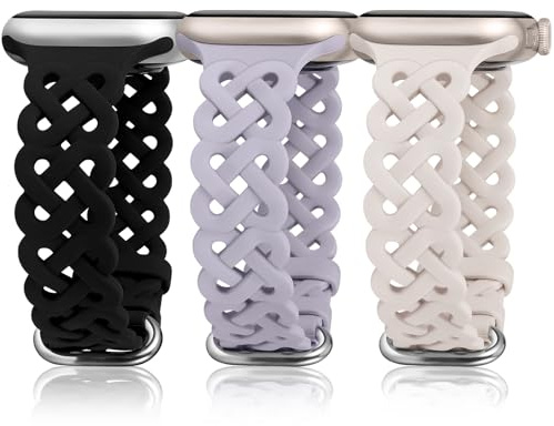 TOYOUTHS Braided Silicone Straps Compatible with Apple Watch Strap 42/41/40/38mm Women, 3 Pack Sport Cute Slim Hollow-out Band for iWatch 11 10 9 8 7 6 5 4 SE 3 2 1, Starlight/Black/Lavender Grey