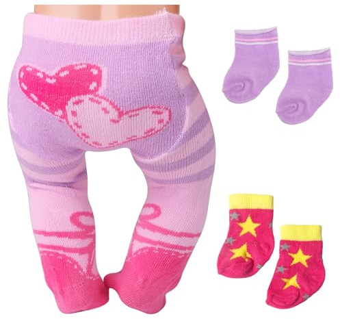 Xerteam 1 Strumpfhosen mit Rosa Herzmuster 2 Puppensocken für 33-43cm Puppen, Süße Baby Puppen Socken Set für 14-18 Inch, 3 Farben Puppenkleidung 36cm 38cm 43cm Puppenzubehör Sternmuster