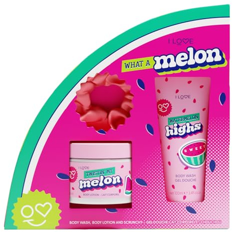 I LOVE What a Melon Body Wash 100ml & Moisturising Body Lotion 150ml with a luxurious Hair Scrunchy Refreshing Melon Scented Skincare Set for Soft Smooth Hydrated Skin