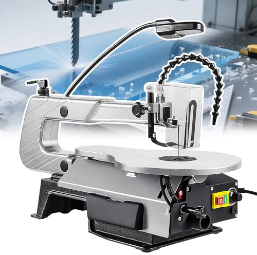 Sushangmao Sierra De Calar De 16 Pulgadas Y 150 W con Mesa De Trabajo De Metal Inclinable A 45° para Cortes A Inglete, Sierra De Marquetería Eléctrica, Cambio De Hoja Sin Herramientas