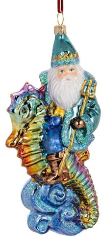 Glas Christbaumschmuck mundgeblasen handbemalt in Europa | Weihnachtsbaum Anhänger für Weihnachten | Weihnachtsbaumschmuck (Santa auf einem Seepferdchen 18,5 cm)