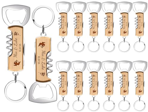 12 Pezzi Portachiavi Apribottiglie Personalizzato, Cavatappi Personalizzato in Legno, Bomboniere Matrimonio, Incisione su Entrambi i Lati con Nomi e Lloghi
