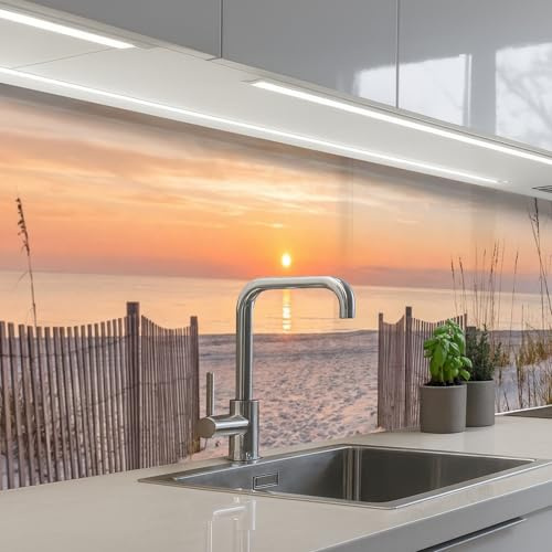 KitchenYeah© Rückwand Küche Rückwandschutz Selbstklebend Spritzschutz | 80x400 cm - Küchenrückwand Küchenfront Küchen Selbstklebende Küchenrückwände Sonnenuntergang - Strand - Sand
