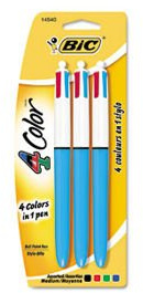 BIC 4-Colour Retractable Multi Colour Ball Point Pen - Pack of 3 (BLue, Black, Green, Red)