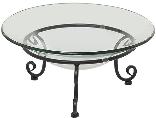 Deco 79 Tempered Glass Kitchen Serving Bowl with Black Metal Scroll Base, 17 x 17 x 8, Clear