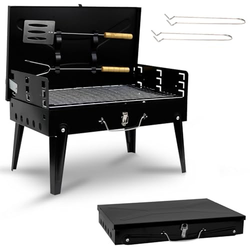 Black Barbecue Grill Fordable Portable with Carry Handle & Tools Charcoal BBQ
