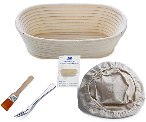 Banneton Gärkörbchen, 25,4 cm, oval, Banneton Brotform für Brot und Teig [kostenlose Bürste] Gärung steigende Rattanschale + gratis Einsatz + Gratis Brotgabel (750 g Teig)
