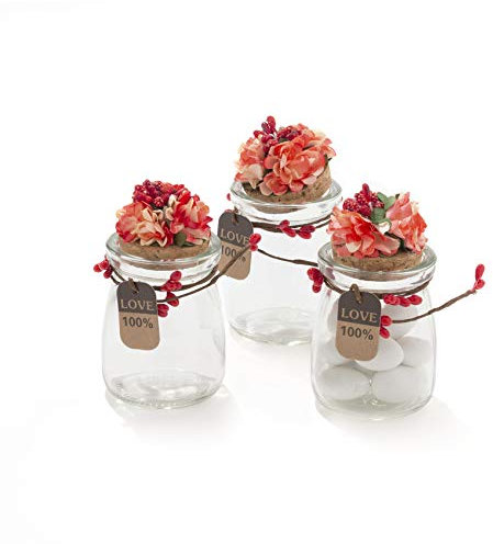 C.X.Y. 20 Pezzi Barattolo Vetro Con Tappo In Sughero Porta confetti Bomboniera Incluso Decorazione Fatto A Mano Fiore pistilli Etichetta Tema Naturale (ROSSO)