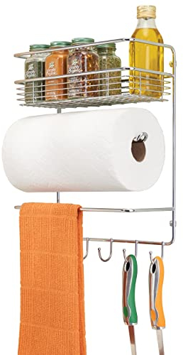 mDesign Küchenrollenhalter – platzsparender Papierrollenhalter zur Wandmontage mit integriertem Gewürzregal aus Metall – praktischer Küchenhelfer – silberfarben