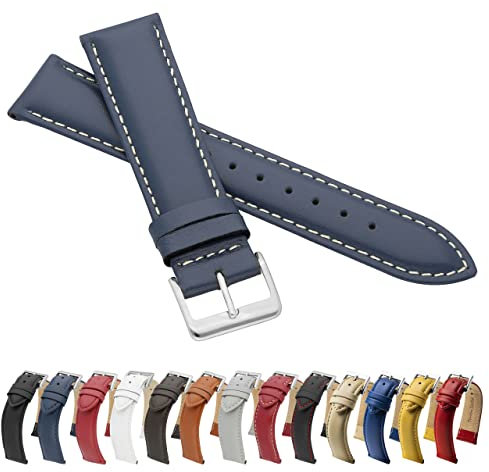 MARCHEL Glattleder LLB35 18 mm Blau-Weiß Lederarmband Echtleder Uhrenarmband Rindsleder Feines Leder Uhr Band