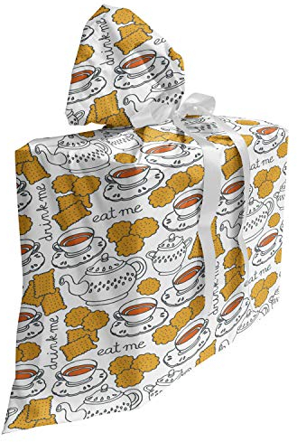 ABAKUHAUS Fiesta del té Bolsa de Regalo para Baby Shower, Pote del té y tazas de galletas, Tela Estampada con 3 Moños Reutilizable, 70 cm x 80 cm, del café con leche