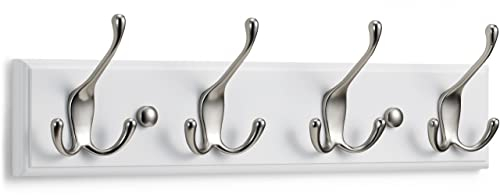 LARHN Garderobenhaken Weiß - Garderobenleiste Weiß mit 4 Haken in Nickel Matt - 42 cm - Kleiderhaken Wand - Wandgarderobe für Flure, Garderoben, Schlafzimmer und Badezimmer