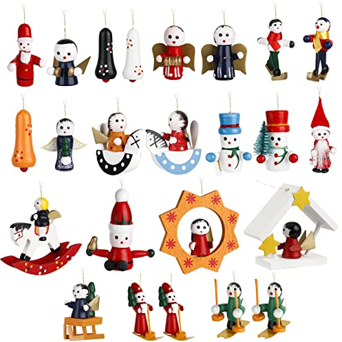 Gobesty Weihnachtsbaum Schmuck aus Holz, 24 Stück Christbaumschmuck Anhänger Weihnachtsmann Schneemann Engel Schaukelpferd Baumschmuck Weihnachten Deko Anhänger
