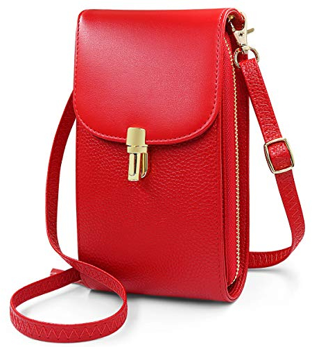 REETEE Damen Handy Umhängetasche Echtes Leder Geldbörse Damen Handytasche zum Umhängen Damen Schultertasche Crossbody kleine Handy Tasche Kreditkarten Frauen Brieftasche (rot)