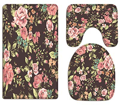 A.Monamour Badezimmer Badematte 3 Teilig Set Vintage Blumen Rosen Schwarzer Blumenhintergrund Flanell WC Toilette Deckel Deckt Bad Matte Teppich Badteppiche Badvorleger Badgarnitur Vorleger