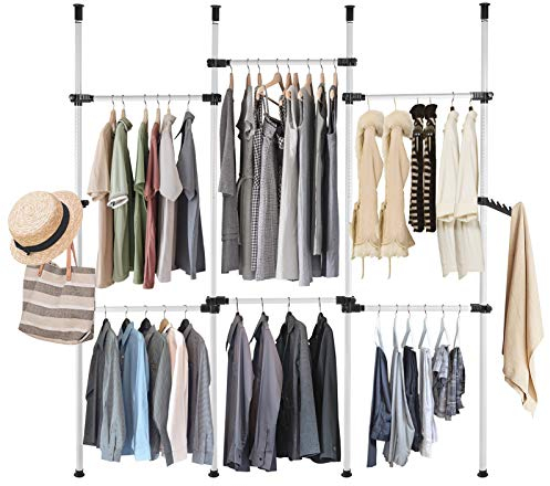 Teleskop Garderoben System, Teleskopstange Kleiderständer mit 6 Kleiderstangen Teleskop Kleiderschrank mit Regal Höhenverstellbar 246-300cm Garderobenständer Verstellbares Regalsystem Ordnungssystem
