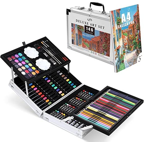 Zezirdas 146 Piezas Set de Pintura, Maleta de Metal Elegante - Lápices de Colores, Acuarelas, Pasteles al óleo, Pinceles de cerdas, lápices HB, Bloc de Dibujo etc niños, Principiantes