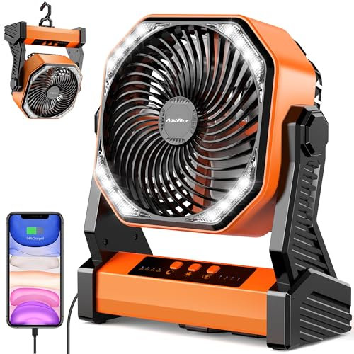 Ventilador de camping de 20000 mAh, funciona con pilas recargables con gancho giratorio de 360°, luz de 400 lúmenes, pivote de 270°, 4 velocidades, ventilador alimentado por batería de 58 horas para