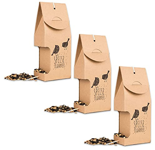 itenga 3X Wunderle Speisekammer - Vogelhaus mit Spenderfunktion für Wildvögel, 200g Wildvogelfutter, Naturpappe aus nachhaltiger Forstwirtschaft, Made in Germany