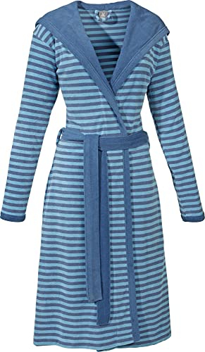 Erwin Müller Leichtfrottier Damen Bademantel mit Kapuze | Leichter Morgenmantel | Saunamantel | mit Bindegürtel und Zwei Taschen | blau-dunkelblau Größe 32/24