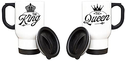 Getagift Couples Theme Coffee Mug Set The King The Queen Valentines Day, Birthday, Wedding, Anniversary, Him-Her Silver/White Insulated Travel Tea/Coffee Mug. (White)