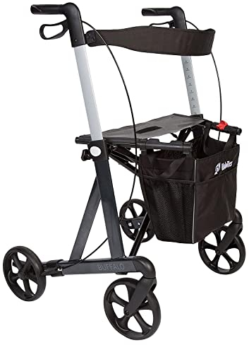 FabaCare Premium Rollator Buffalo, Aluminium, faltbar, mit Vollausstattung, Alurollator bis 200 kg, Sitzhöhe 62 cm, mit FabaCare Sicherheitsreflektoren