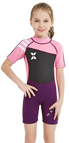 Mädchen 2.5mm Neoprenanzug Kinder Einteiler Tauchanzug Kurzarm Shorty Badeanzug Patchwork Sonnenschutz Rückenreißverschluss One Piece Wetsuit 009 Rose S