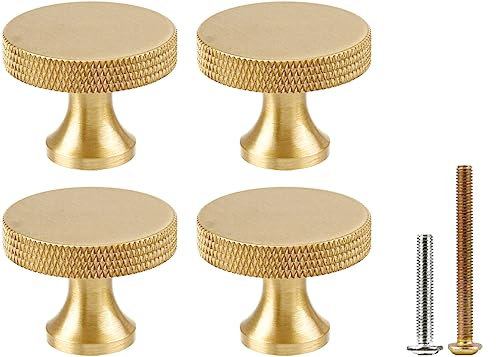 RZDEAL Round Gold Knobs for Dresser Knurled Drawer Handles Pulls Solid Brass Cabinet Knobs 1.18 Inch(30mm),4 Pack