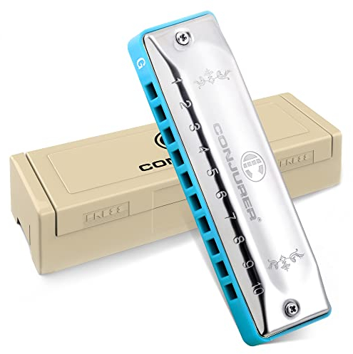 Conjurer Blues Mundharmonika G-Dur Anfänger& Kinder Blues Harp G 10-Loch Diatonische Harmonika Instrument Muntamonika mit hochwertigen Messing Stimmzungen und Hervorragender Klang, 1002 G Dur, Silber