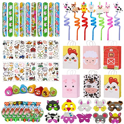 JOYMEMO 72Pcs Farm Animal Party Favors Set, Animal Masks, Whistles, Slap Bracelets, Stamper Gift Bags for Kids Birthday Party Supplies