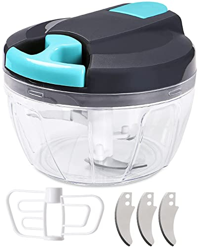 Mini tritacarne manuale, 520 ml tritacipolle, senza BPA, tritacipolle tritare e mescolare per verdure, cipolle, aglio, zenzero, noci, erbe, frutta (grigio blu)