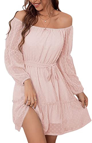 BebreezChic Robe d'été décontractée à manches longues et épaules dénudées en mousseline de soie pour femme - Col carré - À pois, rose clair, XL