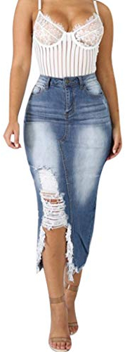 Damen Rock Elegant Maxirock Vintage Jeansrock Sexy Hüftrock Retro Jeans Rock Knielang Bleistift Stretch Röcke mit Schlitz Casual Freizeitrock Lang Hohe Taille Skirt Partyrock mit Fransen
