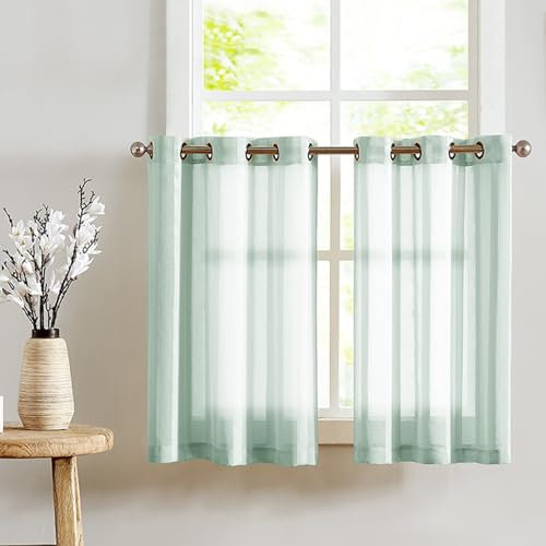 TOPICK Voile Scheibengardinen mit Ösen Transparent Bistrogardine Landhaus Streifen Küchenvorhang Gestreift Küchengardinen Paarig für Badezimmer Klein Fenster Dekor 90x90cm(BxH) Blaugrün 2er Set