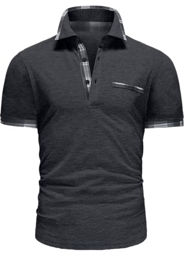 GLESTORE Poloshirt Herren Kurzarm Golf PoloHemd mit Falsche Brusttasche Sommer Polo T Shirt Dunkelgrau XL