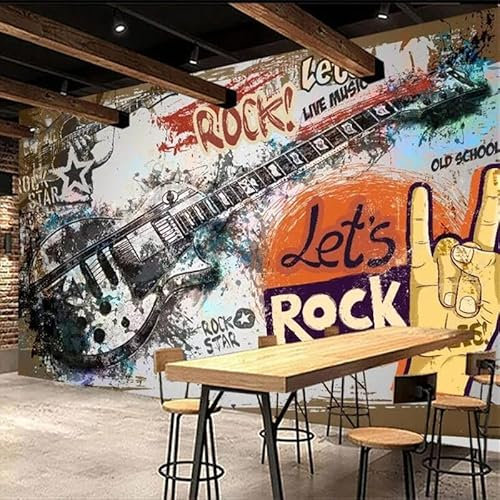 Custom Size Wall Murals,Retro 3D Graffiti Guitar Rock Music Bar,Removable Peel and Stick Self-Adhesive Wall Murals Large Photo Wallpaper