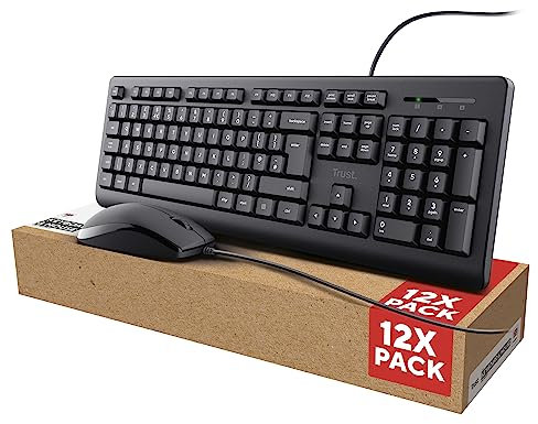 Trust Taro 12 Pack - 12x Wired Keyboard and Mouse Set - Qwerty UK Layout, Full-Size Keyboard, Spill-Resistant, 1.8 m Cable, USB Plug and Play, Quiet Combo for PC and Laptop - Black