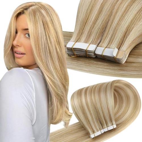 Easyouth Balayage Haar Extensions Tape Echthaar Tape Extension Echthaar Balayage Farbe Honigblond Mix Gelbblond 55 cm 50g Extensions Tape in Echthaar #27P613