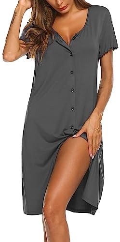 Ekouaer Women's Nightdress Short Sleeve Nightshirt Button Down Nightgown Sleepwear Summer Sleepshirts, Dark Grey XX-Large