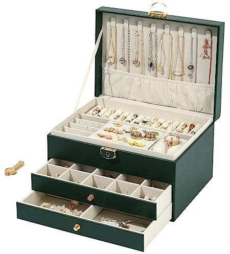 WAREHOUSE Schmuckaufbewahrung, 3-Lagige Abnehmbare Schmuckkästchen, zur Aufbewahrung von Schmuck, Ringen, Ohrringen, Armbändern und Halsketten, Wasserdichte Leder Schmuckkasten (Grün)