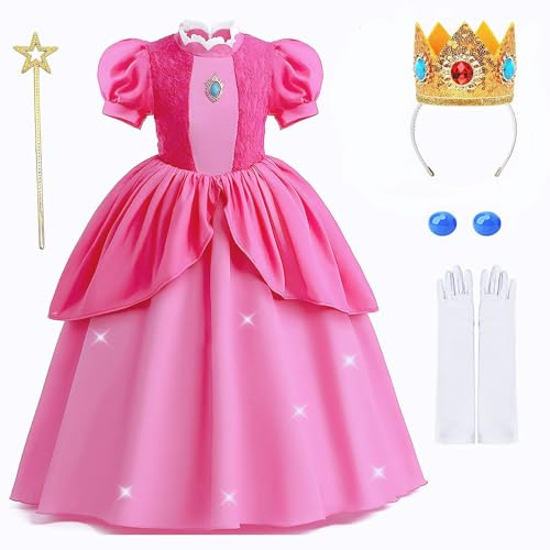 Yigoo Prinzessin Peach Kostüm Showtime Mädchen Kinder Kleider Glanz Karneval Party Halloween Weihnachten Verkleidung Set mit Krone Handschuhe Zauberstab Ohrring 110