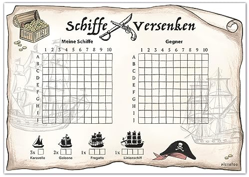 PICTALOO Schiffe Versenken Piraten Spielblock Set, Flottenmanöver mit 50 Blatt pro Block DIN A5, Reisespiel Kompaktspiel für unterwegs, Jungen Mädchen Erwachsene, Deutsch, Familienspiel Spaß (4X)