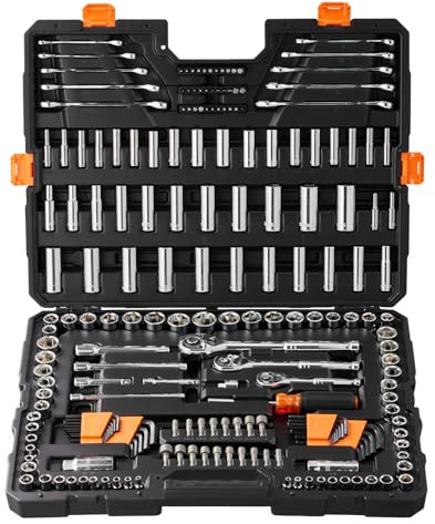 VEVOR Mechanics Tool Set, 205 Pcs SAE and Metric Sockets, 1/4 3/8 1/2 Drive Deep and Standard Sockets, Chrome Vanadium Steel, Polyethylene